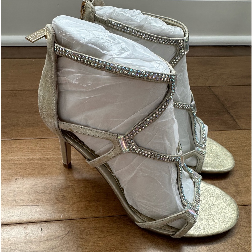 Ivanka Trump Gemma heeled sandals- Ivanka Trump Gold Suede Rhinestone Gemma Heel